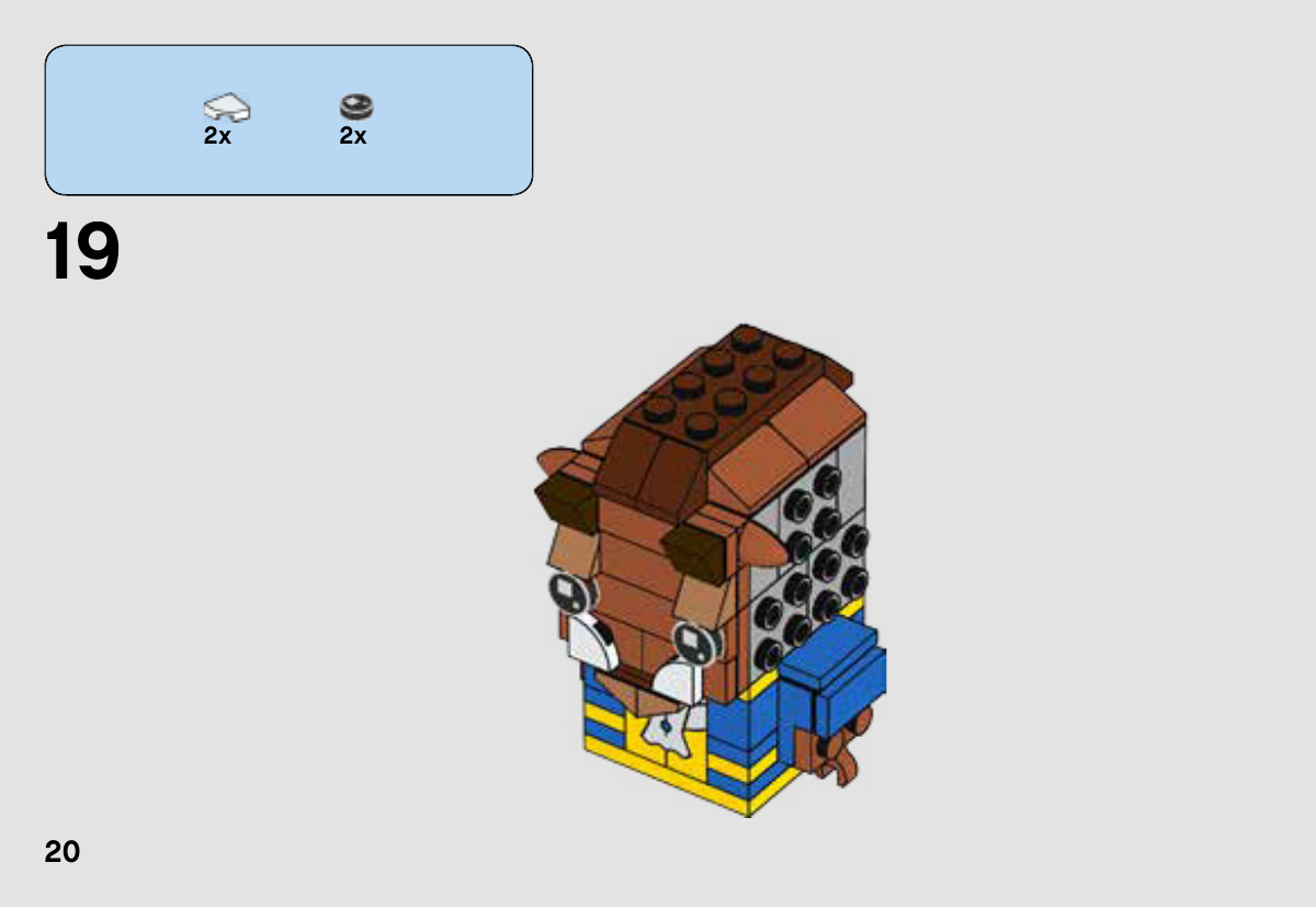 Notice LEGO 41596, page 20 : Pose des deux yeux ronds noirs et des deux quarts de disque blancs 6172366 qui forment les défenses, sous les yeux.