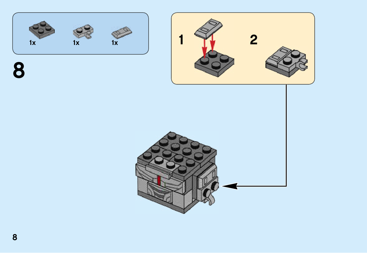 Notice LEGO 41601, page 8 : Encart : poser un habillage gris en forme de lingot sur une rangée d’une plaque gris foncé 2 × 2 ; ajouter le support à clip sur l’autre rangée, puis fixer ce sous-ensemble au côté du torse.
