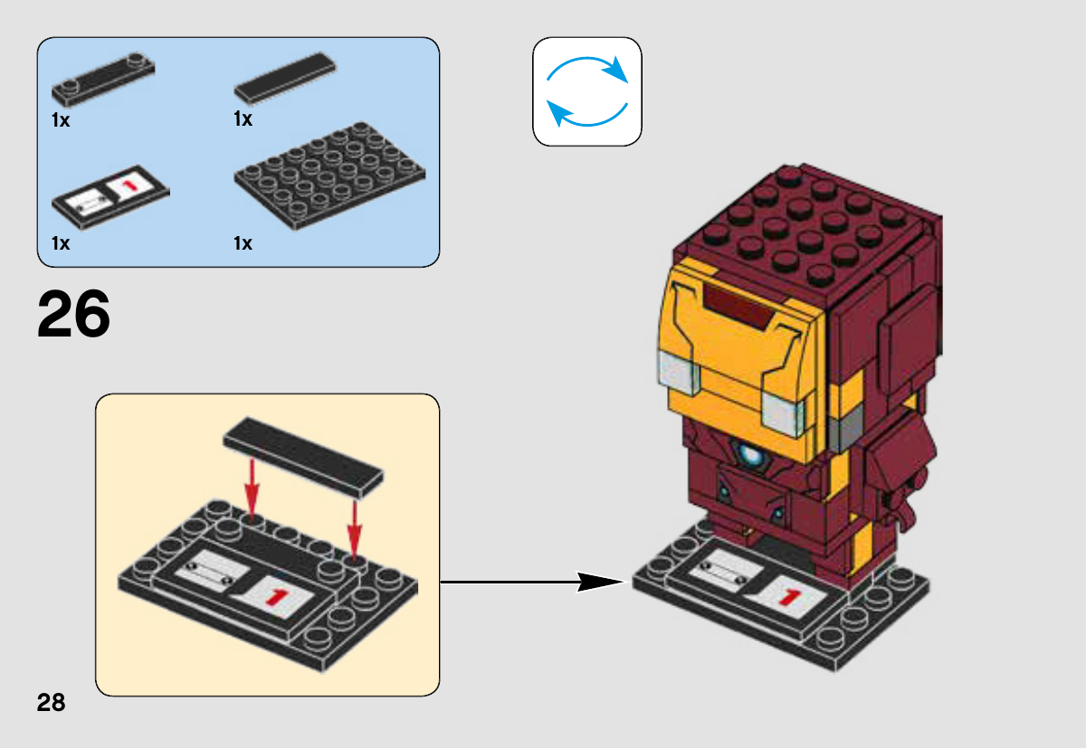 Notice LEGO 41590, page 28 : Les quatre éléments noirs du socle sont assemblés avant d’y installer Iron Man.