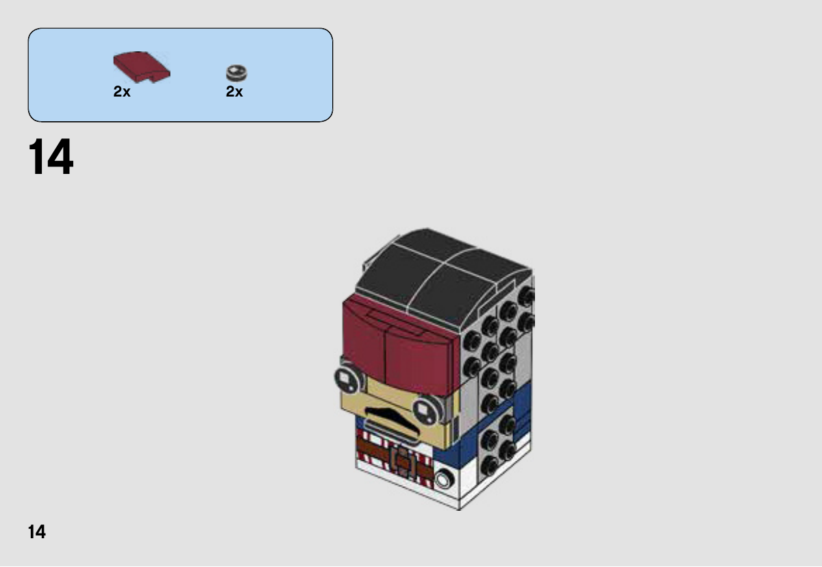 Notice LEGO 41593, page 14 : Pose des deux pièces courbes rouge foncé 6107758 du bandeau et des deux yeux ronds 6178627, sur une tête encore sans ses côtés terminés.