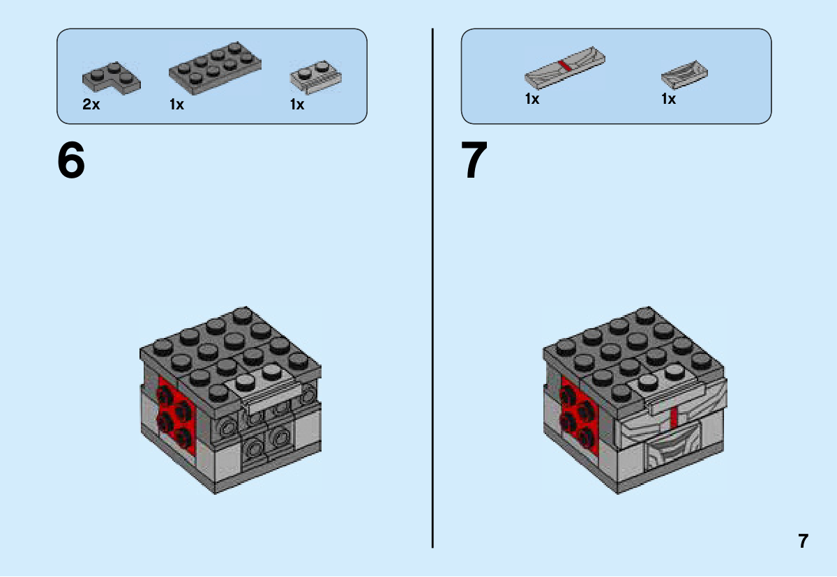 Notice LEGO 41601, page 7 : Étape 6 : fermeture supérieure du torse. Étape 7 : pose de la tuile d’armure 1 × 4 à bande rouge et de la tuile d’abdomen 1 × 2.