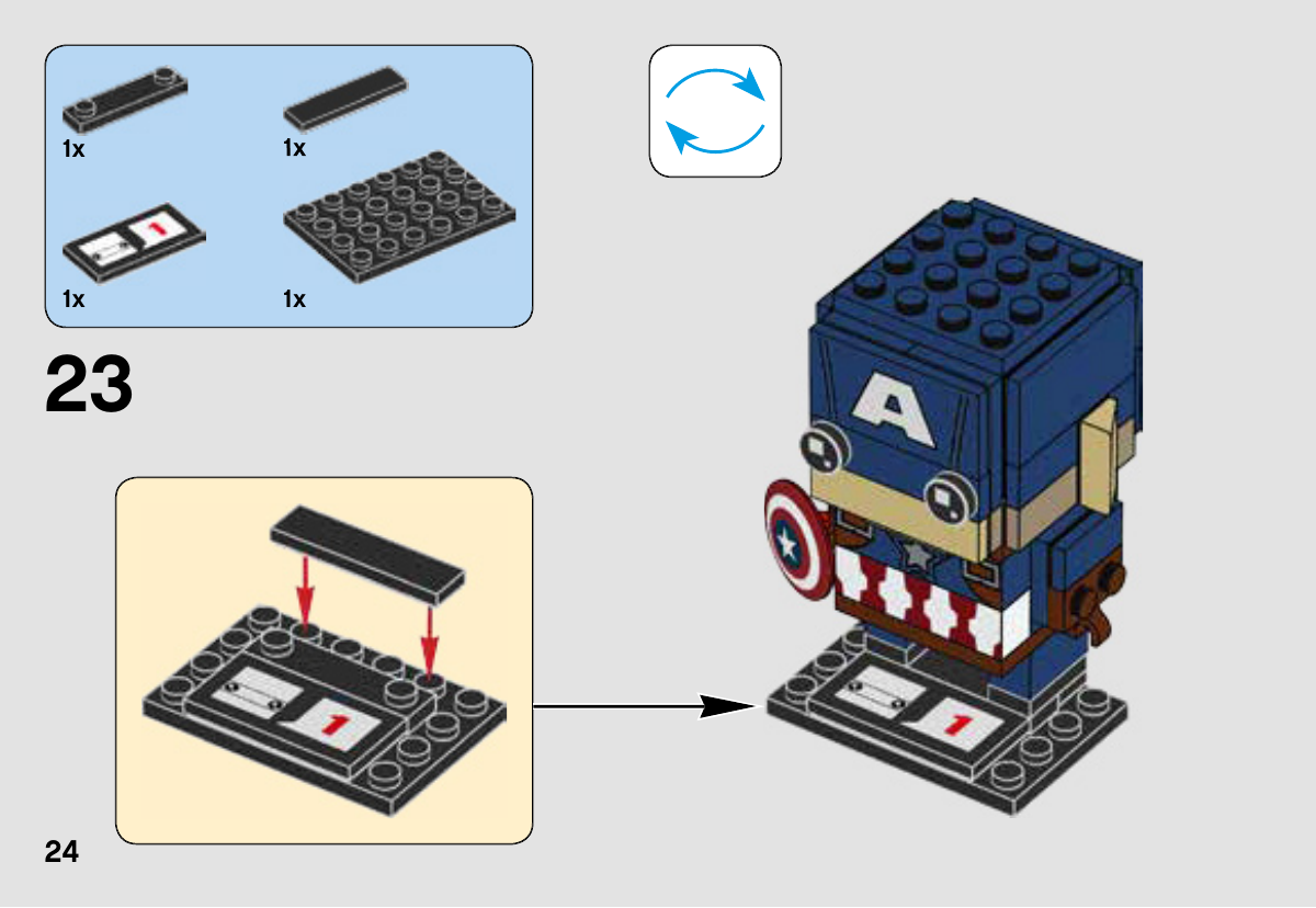 Notice LEGO 41589, page 24 : Les quatre éléments noirs du socle sont assemblés avant d’y installer Captain America.