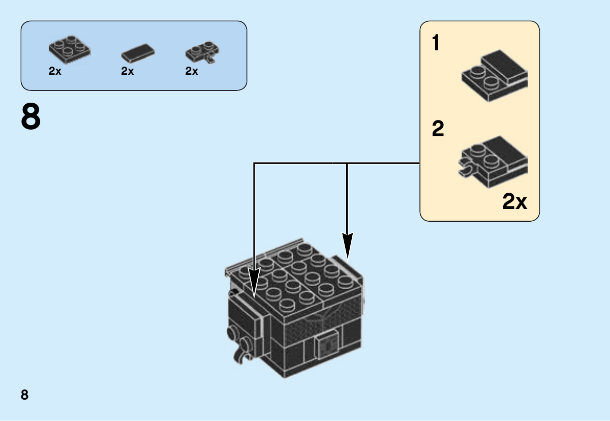 Notice LEGO 41603, page 8 : Deux sous-ensembles latéraux, chacun plaque noire 2 × 2, tuile 1 × 2 et plaque à pince.