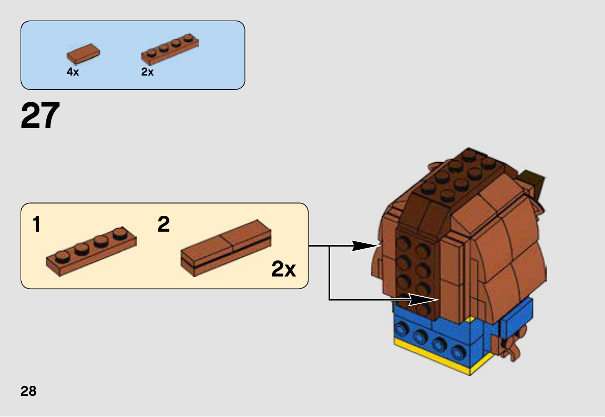 Notice LEGO 41596, page 28 : Préparation de deux bandes de crinière : deux tuiles lisses Dark Orange 1 × 2 sur chaque plaque 1 × 4, puis fixation verticale de part et d’autre de l’arrière de la tête.