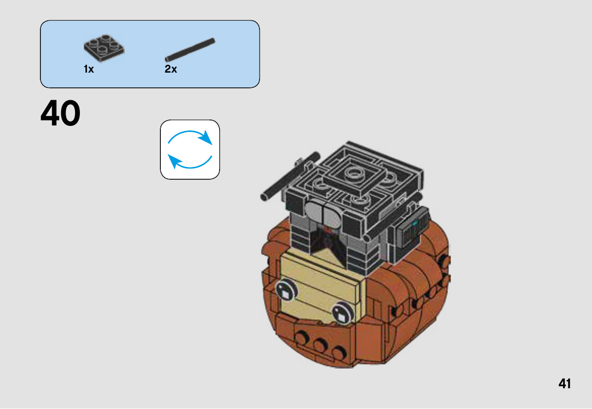 Notice LEGO 41591, page 41 : Deux bâtons noirs et une plaque noire 2 × 2 sont ajoutés ; la vue retourne le personnage pour montrer le dessous.