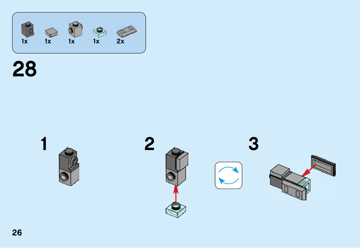 Notice LEGO 41601, page 26 : Sous-ensemble du bras à effet bleu : deux briques à tenons latéraux, une tuile 1 × 1, une plaque transparente 1 × 1 et deux habillages gris en forme de lingot ; la plaque transparente se place sous le montage avant rotation.