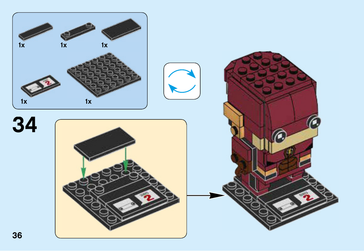 Notice LEGO 41598, page 36 : Assemblage des cinq pièces du socle autour de la plaque noire 6 × 6, dont la tuile imprimée de série 2, puis fixation de Flash terminé.