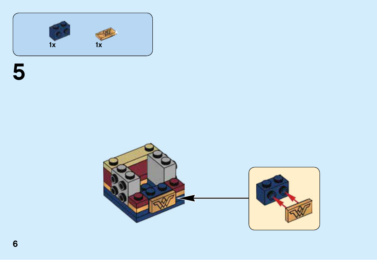 Notice LEGO 41599, page 6 : Assembler la tuile dorée de ceinture 6213669 sur les deux tenons latéraux de la brique bleue 6135606, puis placer ce sous-ensemble à l’avant du torse.