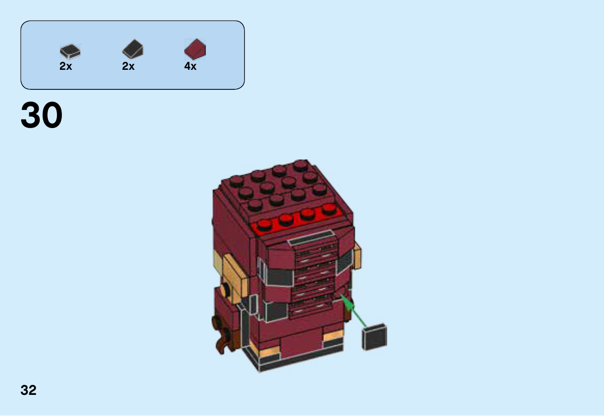 Notice LEGO 41598, page 32 : Quatre grilles sont visibles au centre du dos du casque ; de petites tuiles et pentes noires et rouge foncé complètent les côtés. Le haut arrière et les jambes restent à finir.