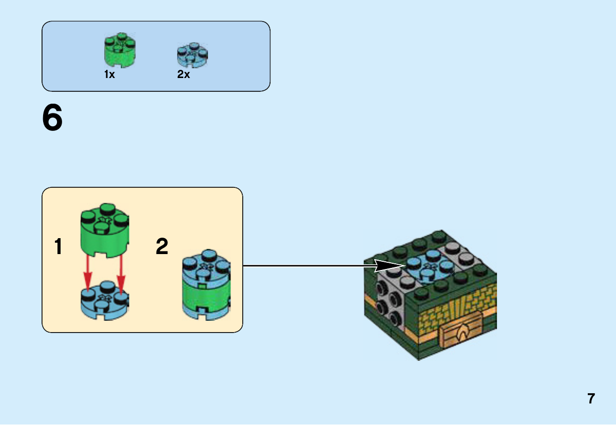 Notice LEGO 41600, page 7 : Placer la brique ronde verte 4251378 entre deux plaques rondes Medium Azur 6109752, puis insérer ce petit cylindre dans le torse. Chaque surface ronde supérieure porte quatre tenons autour d’un trou cruciforme.