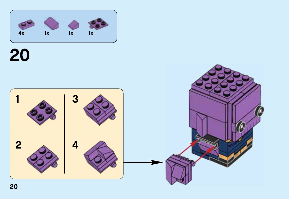 Notice LEGO 41605, page 20 : Sous-ensemble du bras violet sans gant : plaque à articulation 6221206, quatre plaques 1 × 2, une pente1 × 2 et une petite pente1 × 1 ; fixation sur un support noir. Modèle encore sans jambes.