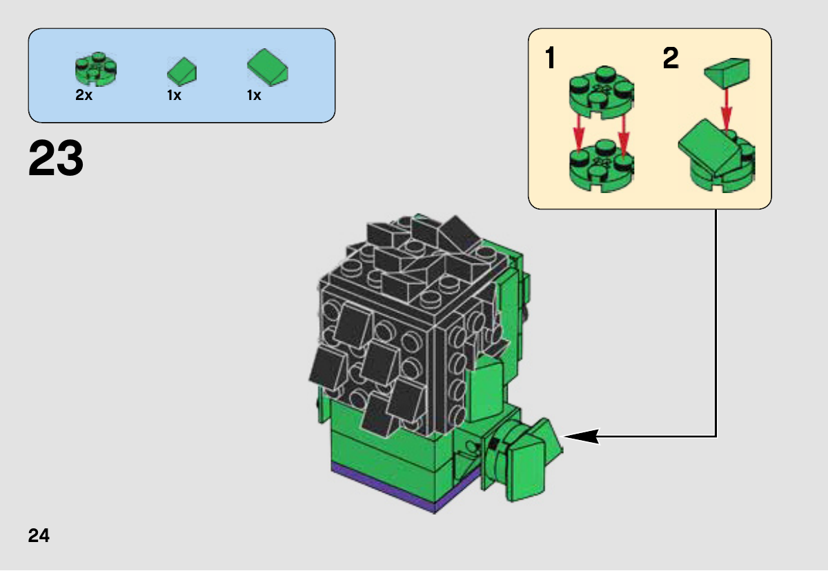 Notice LEGO 41592, page 24 : Premier poing : deux plaques rondes vertes 403228 superposées, une pente 1 × 2 6000071 et une pente 1 × 1 4546705, puis fixation sur le bras.