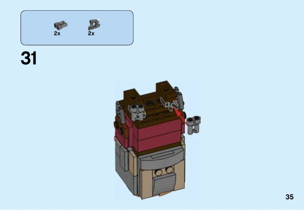 Notice LEGO 41606, page 35 : Pose de deux éléments PRISMATIC BINOCULARS 4211051 sur les pinces noires des jambes pour représenter les bottes à propulsion. La scène montre le personnage retourné ; ce ne sont pas les fusils amovibles.
