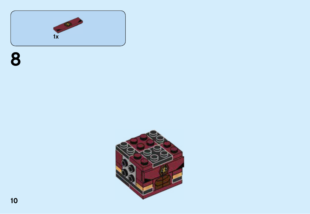 Notice LEGO 41598, page 10 : Pose horizontale de la tuile lisse 1 × 4 imprimée de l’éclair 6213533 sur la face avant du torse ; tête, bras et jambes ne sont pas encore construits.