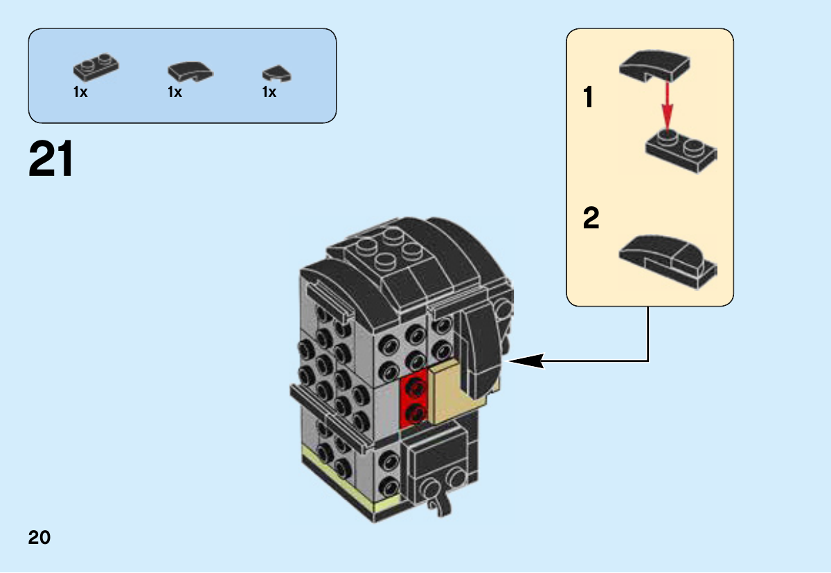 Notice LEGO 41603, page 20 : Sous-ensemble de chevelure : plaque noire 1 × 2, courbe puis quart de cercle.
