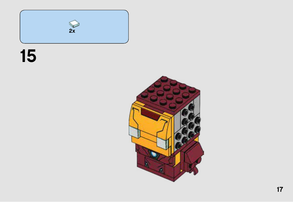 Notice LEGO 41590, page 17 : Les deux tuiles carrées à surface blanche se placent sous le masque pour former les yeux.