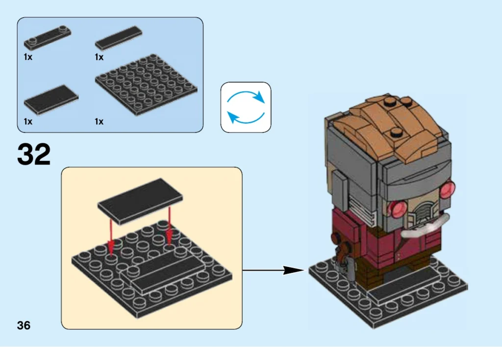 Notice LEGO 41606, page 36 : Étape finale : socle noir de quatre éléments, dont plaque 6 × 6 et tuile 2 × 4 unie ; remise debout du personnage sur sa base. Aucune tuile de série imprimée.