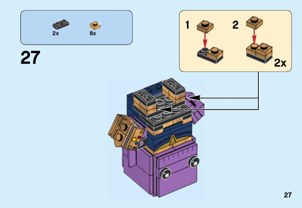 Notice LEGO 41605, page 27 : Deux jambes identiques sont assemblées séparément : une plaque noire1 × 2 et quatre plaques dorées 1 × 1 par jambe, puis fixées sous le torse retourné.