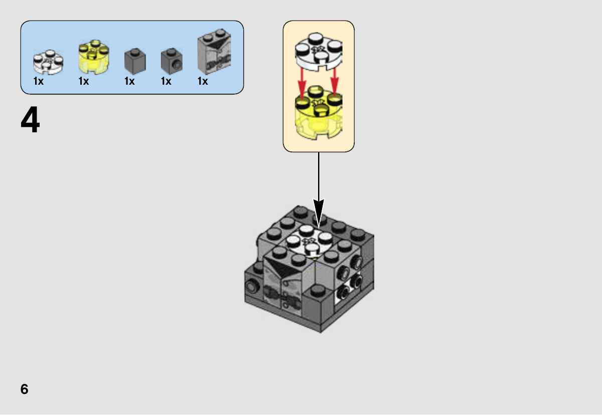 Notice LEGO 41594, page 6 : Pose de la brique imprimée du gilet 6187601 sur le petit torse gris, et insertion d’un assemblage rond blanc et vert fluorescent à l’intérieur.