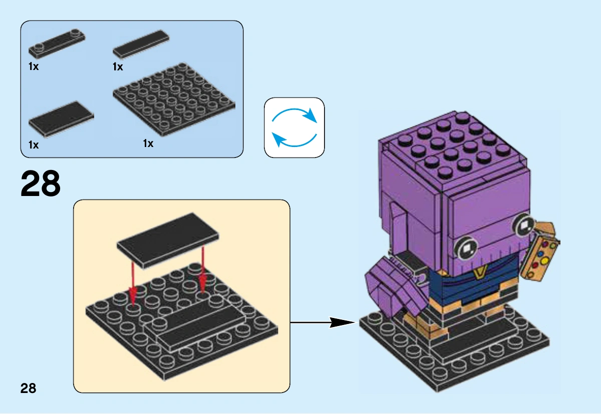 Notice LEGO 41605, page 28 : Étape finale : socle de quatre éléments, dont plaque noire 6 × 6 et tuile noire 2 × 4 unie ; retour du personnage debout et placement sur la base. Aucune tuile de série imprimée.