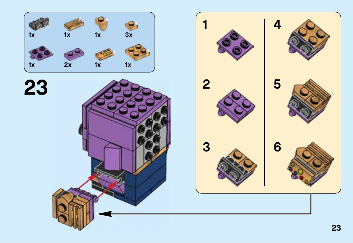 Notice LEGO 41605, page 23 : Sous-ensemble du Gant de l’infini en six mini-étapes : support violet articulé, pièces dorées, grille et tuile imprimée 6225879. Fixation de l’autre bras ; la face opposée de la tête n’est pas encore habillée et les jambes sont absentes.