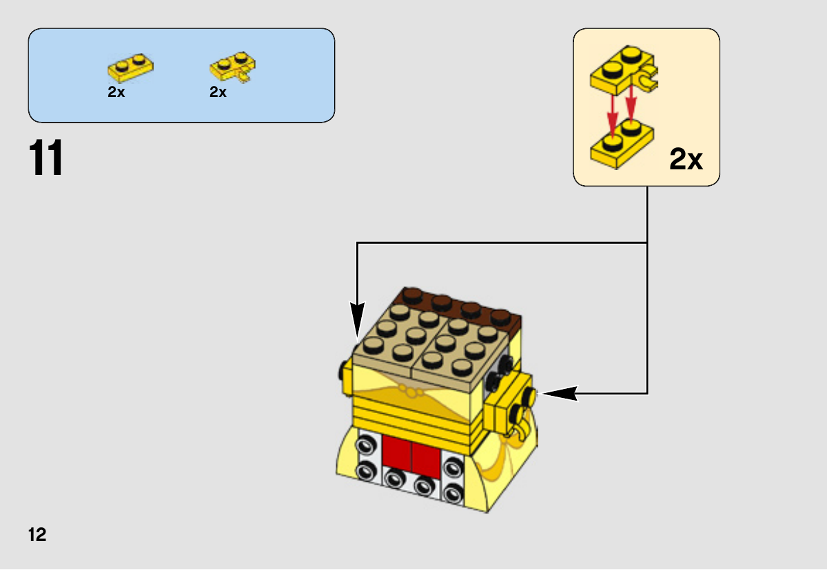 Notice LEGO 41595, page 12 : Assemblage des deux bras jaunes : une plaque 1 × 2 sous chaque élément à pince, puis fixation de part et d’autre du buste.