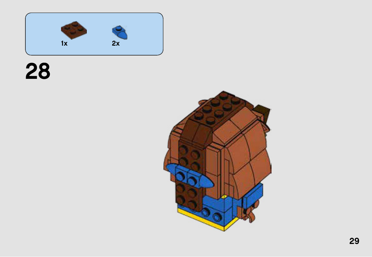 Notice LEGO 41596, page 29 : Ajout d’une plaque brune et des deux petites pointes bleues 6123860 formant le nœud à l’arrière de la crinière. Les jambes et le bas arrière du costume restent à construire.