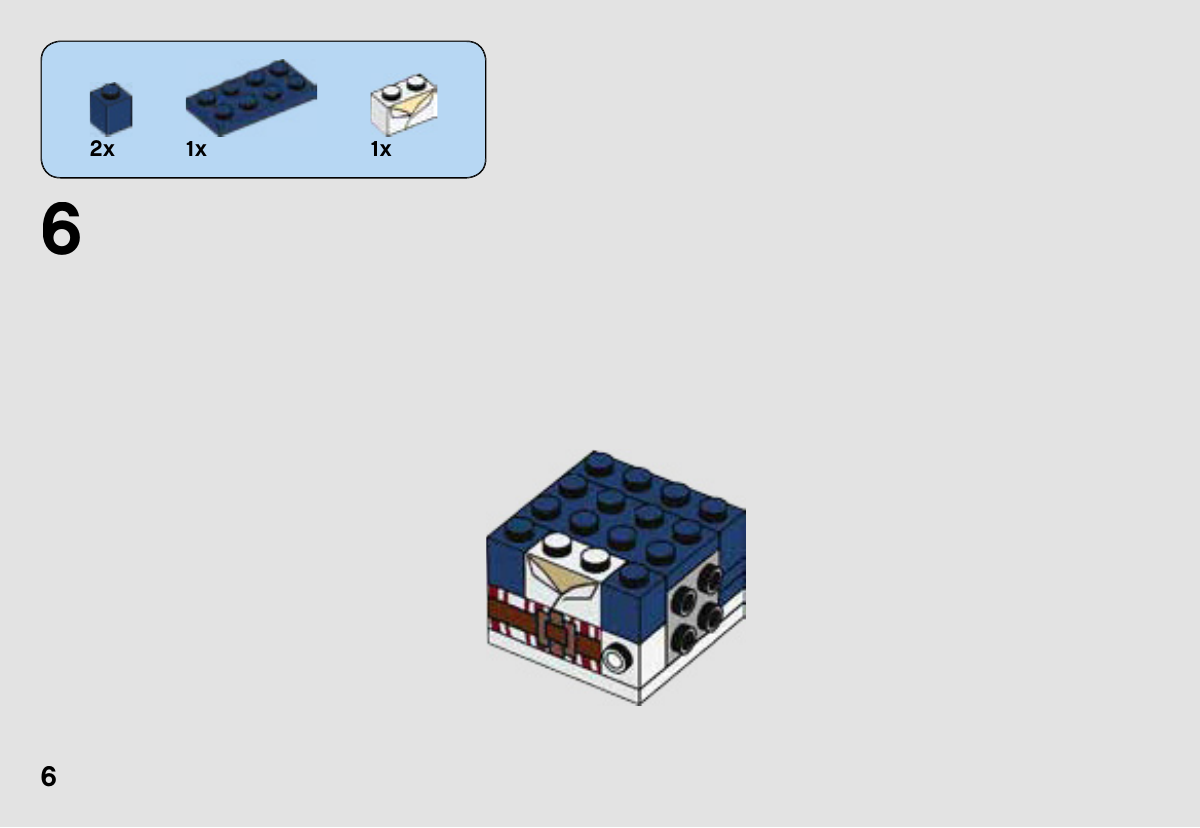 Notice LEGO 41593, page 6 : Pose de la brique blanche au col imprimé 6188733, entre deux briques bleu foncé, au-dessus de la ceinture.
