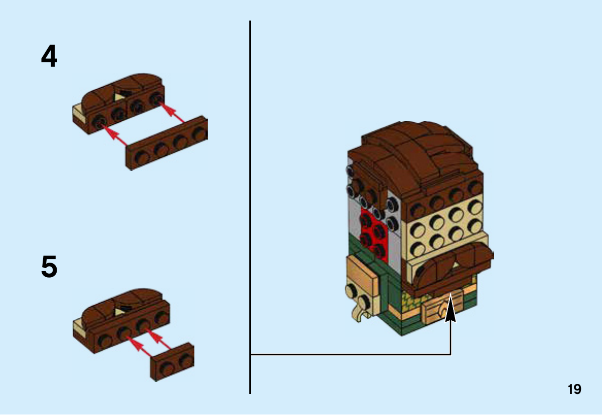 Notice LEGO 41600, page 19 : Suite de l’étape 18 commencée page 18 : compléter les plaques brunes de la barbe, puis fixer l’ensemble de moustache et barbe sur le bas du visage encore sans yeux.