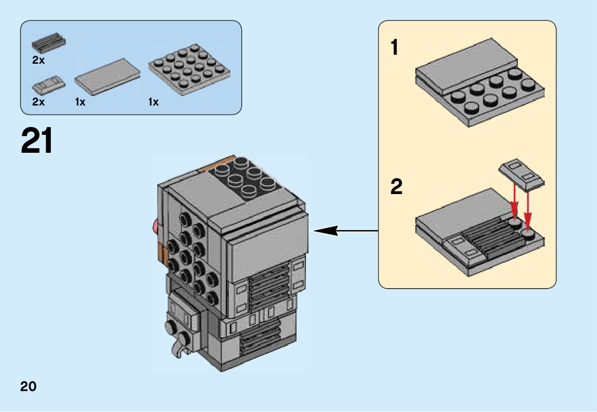 Notice LEGO 41601, page 20 : Préparation et pose du panneau arrière gris, avec grilles foncées et deux habillages en forme de lingot. Côtés de tête encore incomplets, sans jambes ni socle.