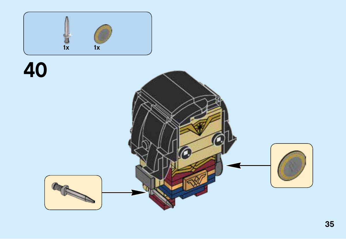 Notice LEGO 41599, page 35 : Fixer l’épée argentée 6093532 et le bouclier gris décoré 6139814 dans les mains du personnage terminé, avant l’ajout du socle.
