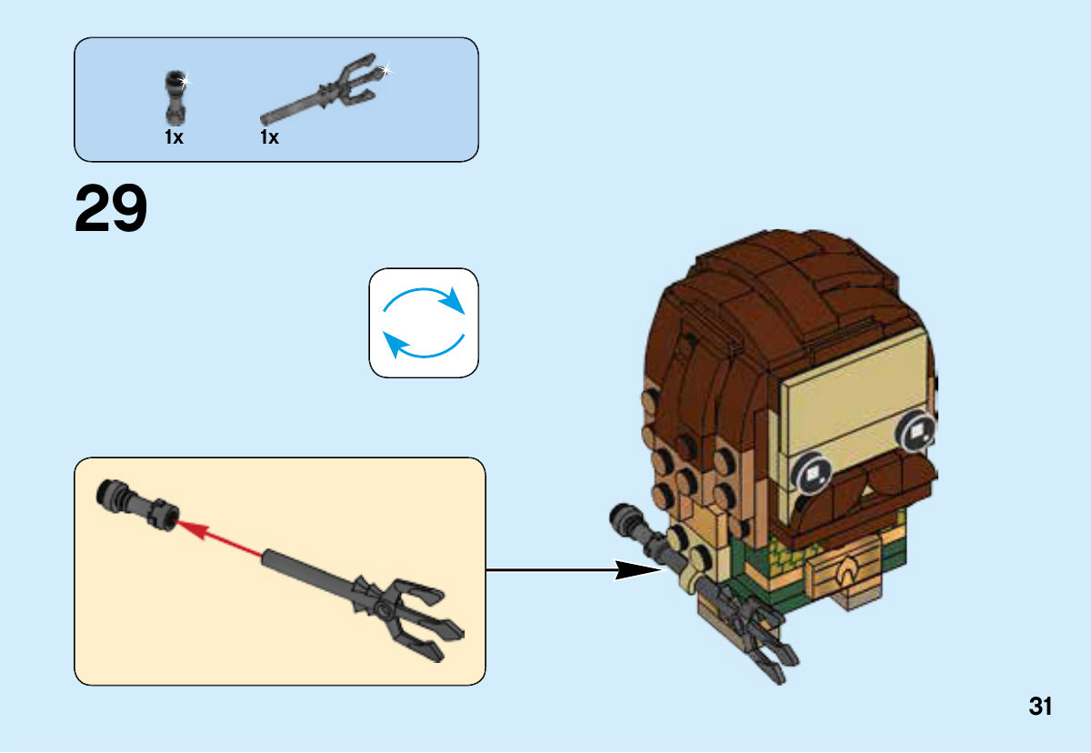 Notice LEGO 41600, page 31 : Assembler le trident 6198172 avec le manche 6122727, tous deux Titanium Metallic, puis placer l’accessoire dans une main.