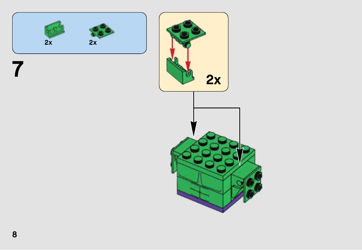 Notice LEGO 41592, page 8 : Assemblage de deux charnières vertes, chacune composée du support 6170765 et de la plaque 6186623, puis fixation sur les côtés du corps.