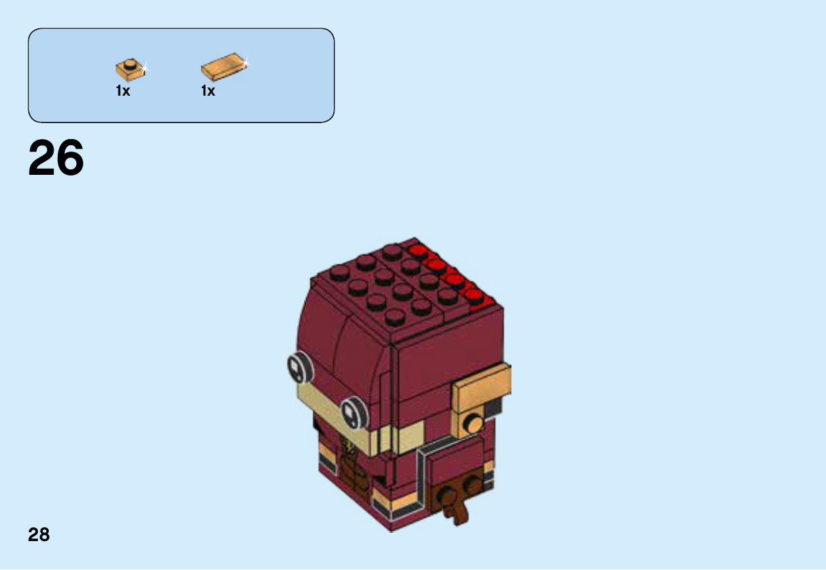 Notice LEGO 41598, page 28 : Finition dorée d’un côté du casque avec une petite plaque 1 × 1 et une tuile 1 × 2 Warm Gold.
