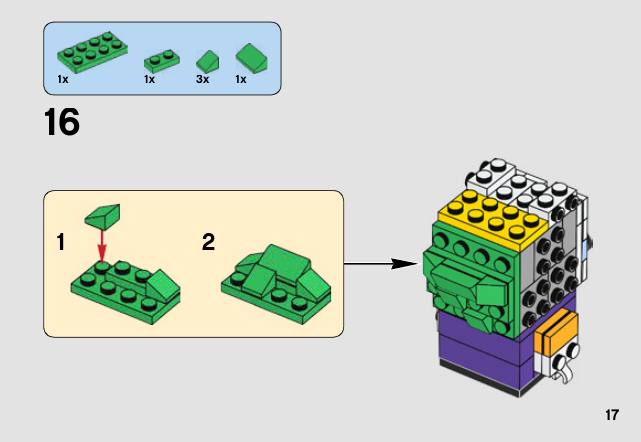 Notice LEGO 41588, page 17 : Premier panneau de coiffure verte fixé sur tenons avant.