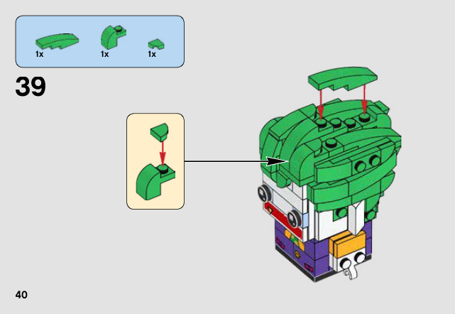 Notice LEGO 41588, page 40 : Dernière finition verte bombée, vue de dessus.