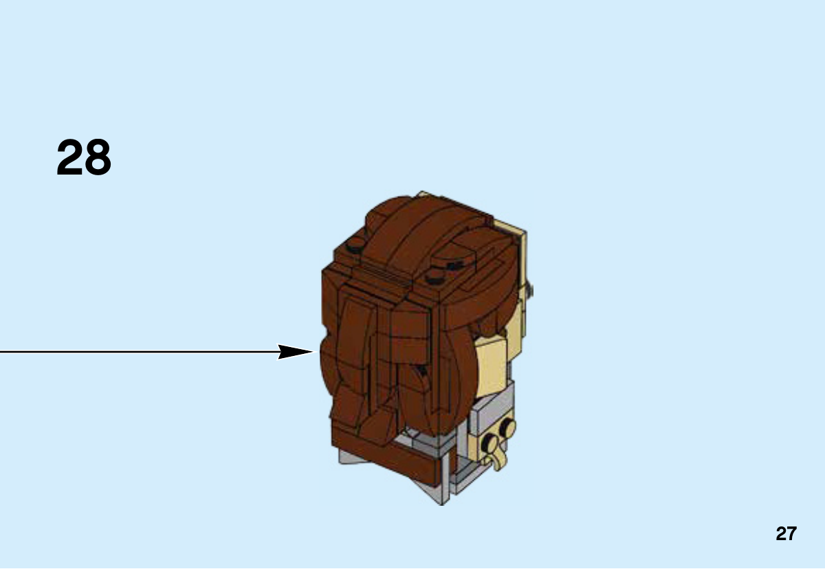 Notice LEGO 41602, page 27 : Fixation de la chevelure à l’arrière. Les jambes sont absentes et l’habillage du côté opposé de la tête n’est pas encore terminé.