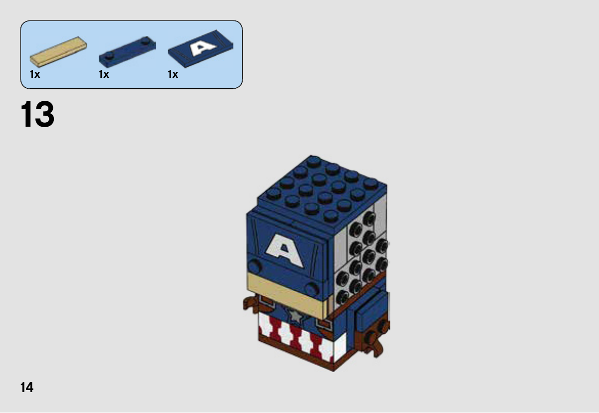 Notice LEGO 41589, page 14 : Le A blanc et la bande beige du visage se fixent sur l’avant de la tête.