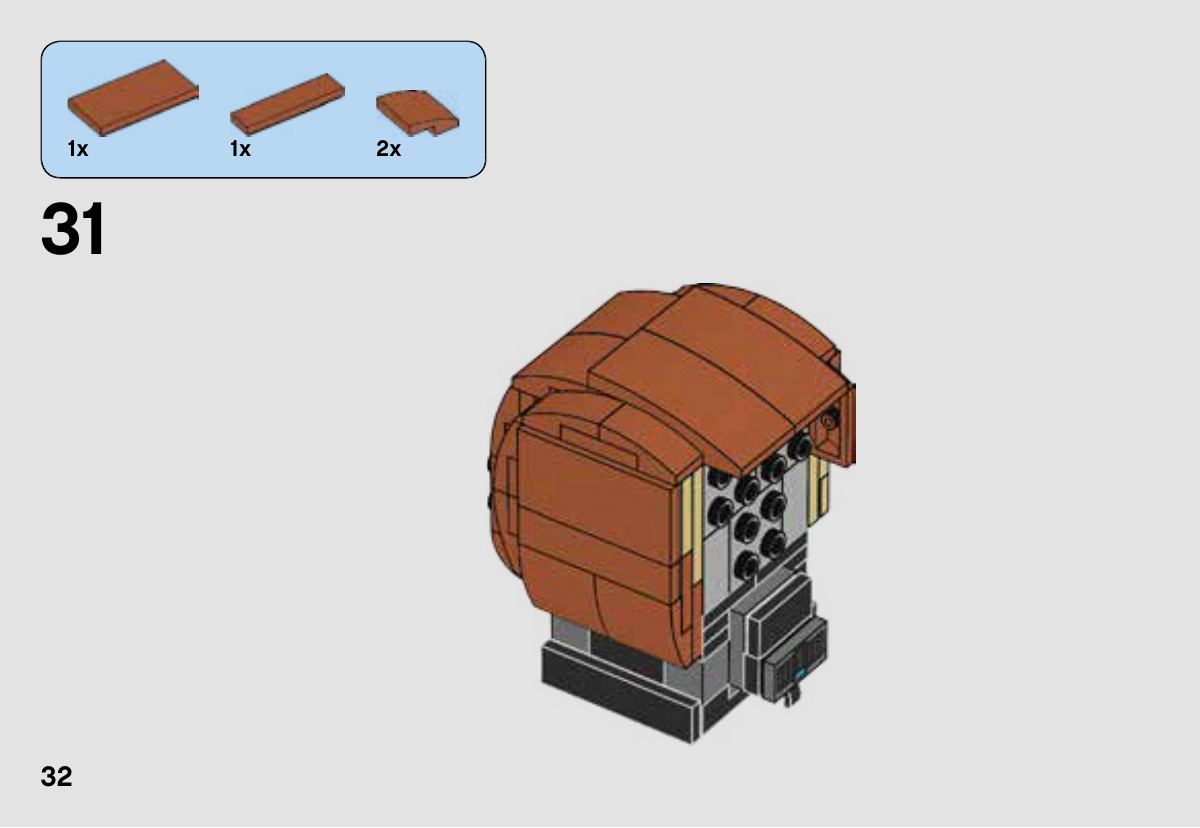Notice LEGO 41591, page 32 : Construction en cours de la partie arrière de la chevelure avec des éléments roux courbes ; les tenons latéraux restent visibles.