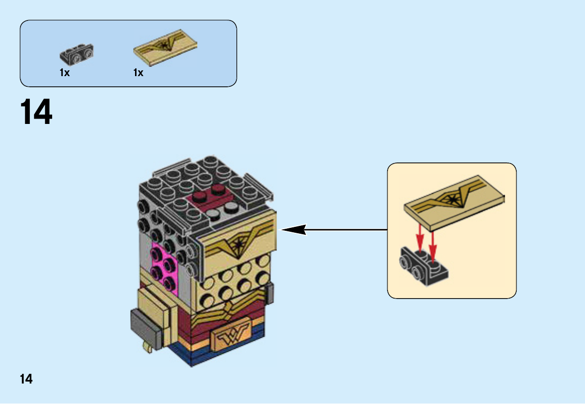 Notice LEGO 41599, page 14 : Préparer la grande tuile beige 6213557 imprimée du diadème avec son support noir, puis la fixer sur le haut du visage encore sans yeux.