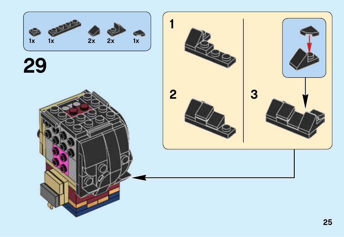 Notice LEGO 41599, page 25 : Construire puis fixer une bande noire de mèches au bas arrière de la chevelure. Le sommet et un côté de la tête restent à habiller ; les jambes ne sont pas encore montées.