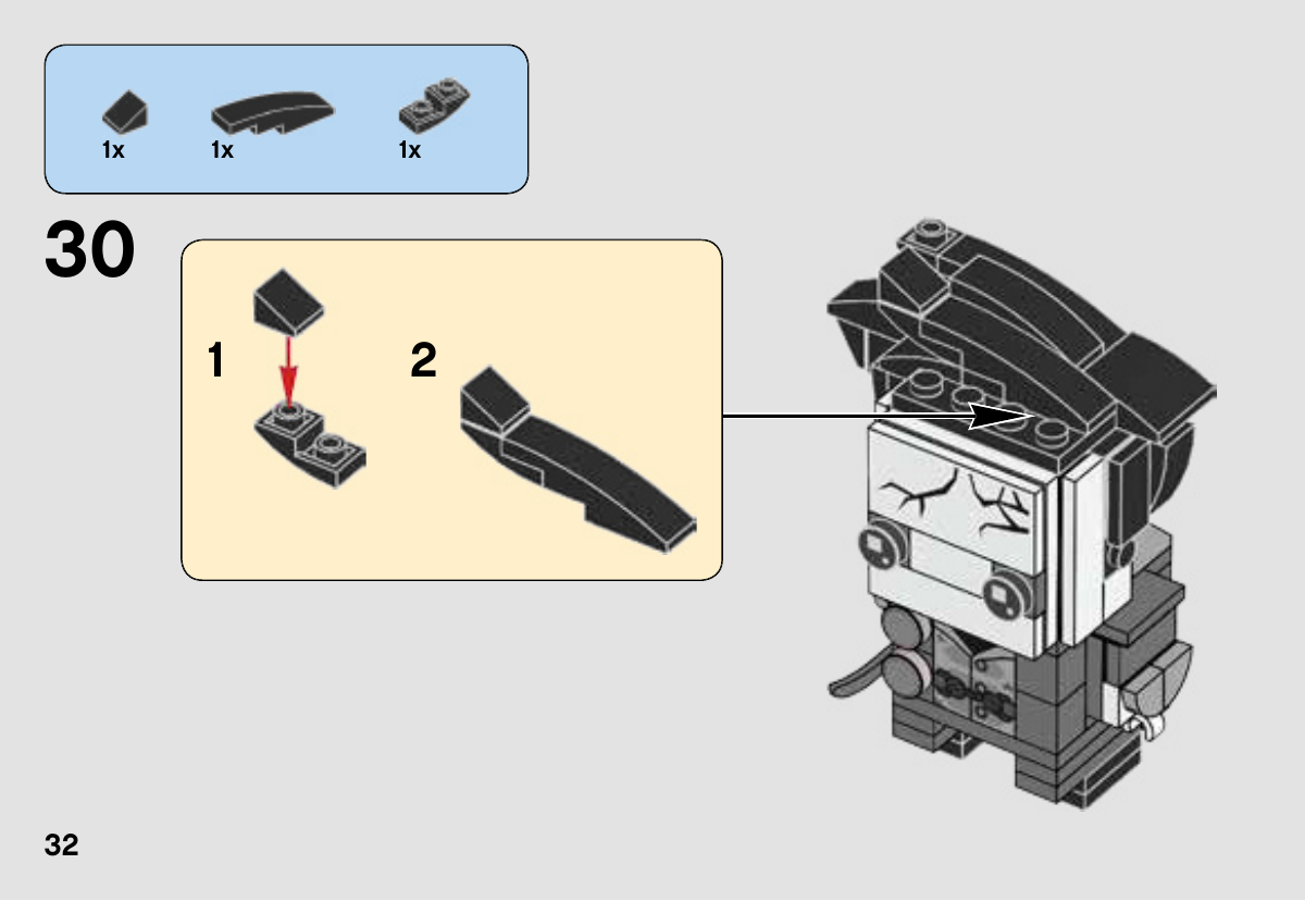 Notice LEGO 41594, page 32 : Assemblage d’une longue mèche noire avec une pente et une plaque à deux tenons ; fixation sur le dessus de la tête encore partiellement découvert.