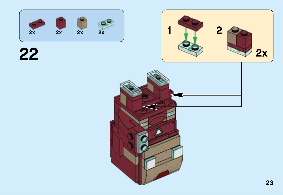 Notice LEGO 41604, page 23 : Deux jambes : plaque rouge1×2 sur transparente1×2, puis deux briques1×1.