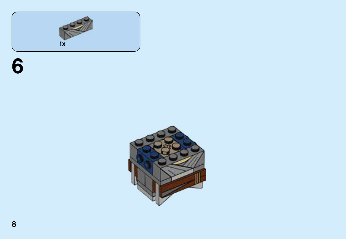 Notice LEGO 41602, page 8 : Pose de la seconde brique imprimée de tenue à l’avant du torse ; ses quatre tenons restent visibles en haut.