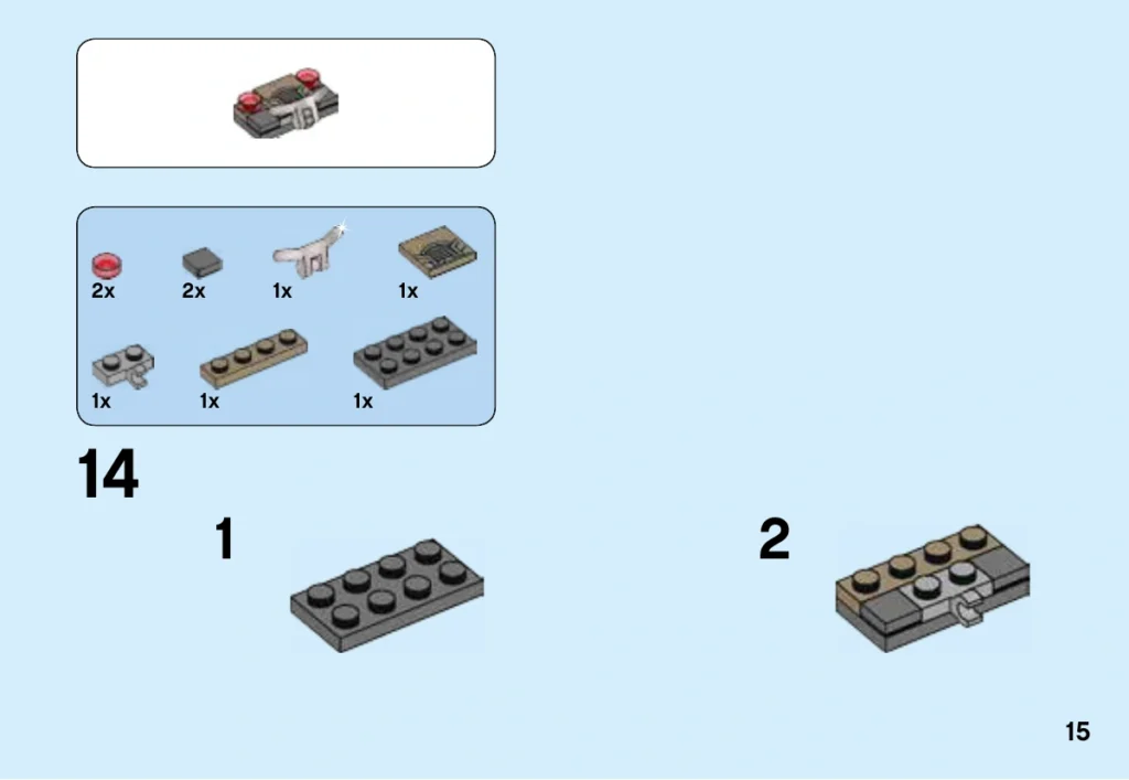 Notice LEGO 41606, page 15 : Début du sous-ensemble frontal du masque : base en plaque grise 2 × 4, petites tuiles grises, plaque avec clip horizontal et plaque Sand Yellow 1 × 4. Les mini-étapes 1 et 2 sont sur cette page ; le masque terminé en haut est une prévisualisation.