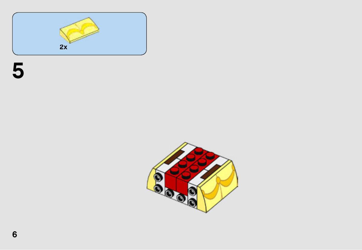 Notice LEGO 41595, page 6 : Pose de deux premiers panneaux courbes imprimés 6188184 sur les côtés du support de la jupe.