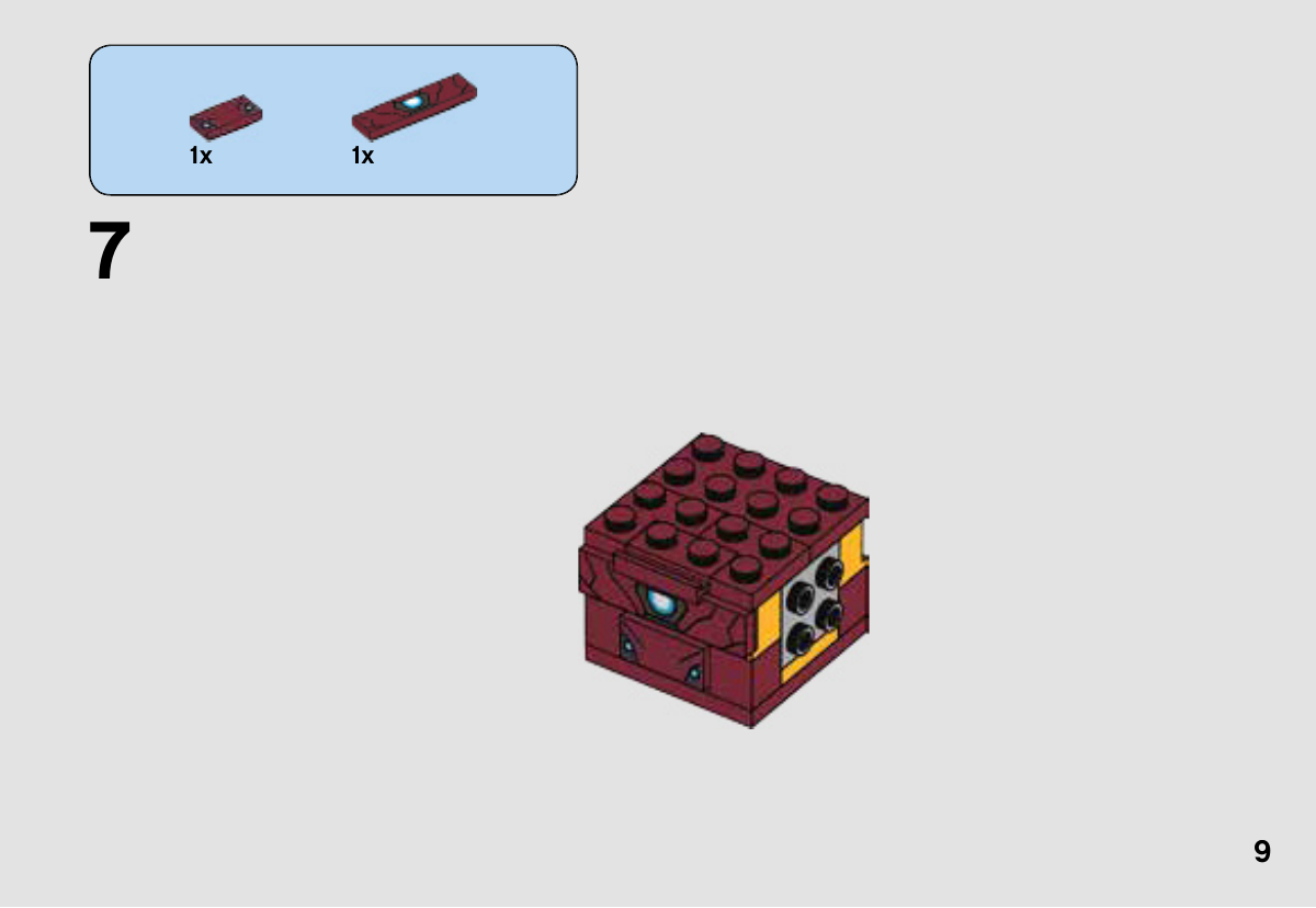 Notice LEGO 41590, page 9 : Les deux tuiles imprimées de poitrine et d’abdomen se fixent sur l’avant du torse.