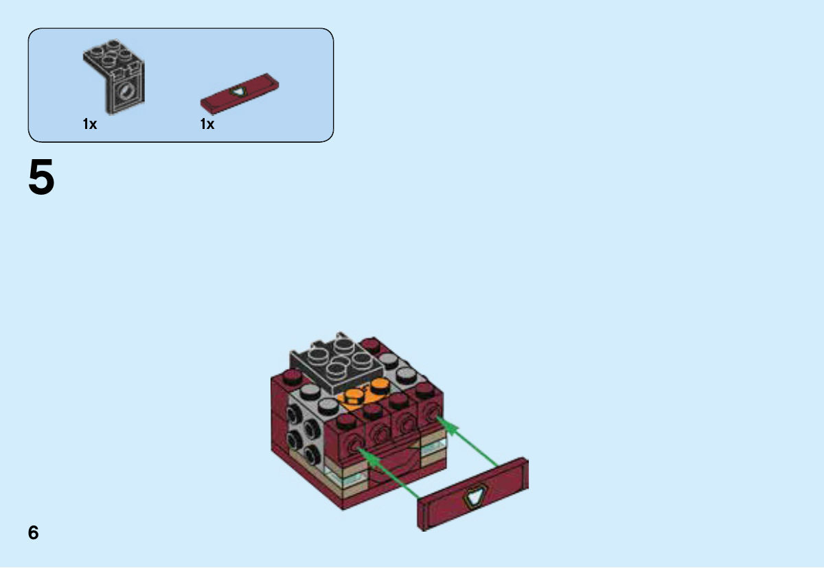 Notice LEGO 41604, page 6 : Tuile1×4 du réacteur à l’avant ; plaque noire en angle à l’arrière.