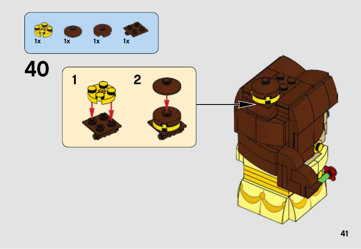Notice LEGO 41595, page 41 : Assemblage du chignon rond brun et jaune sur une plaque à charnière, puis pose inclinée à l’arrière du dessus de la tête.