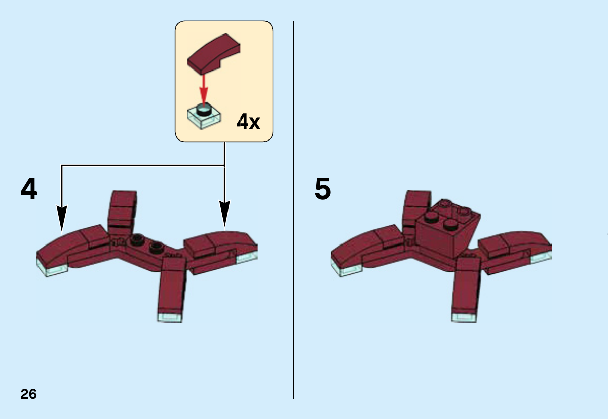 Notice LEGO 41604, page 26 : Sous-étapes4–5 : quatre courbes rouges sur plaques transparentes1×1, puis pièce centrale.